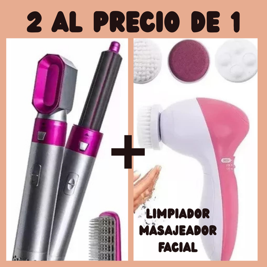 Cepillo Secador Rizador 5 en 1 + Regalo Cepillo facial 5 en 1 Masajeador